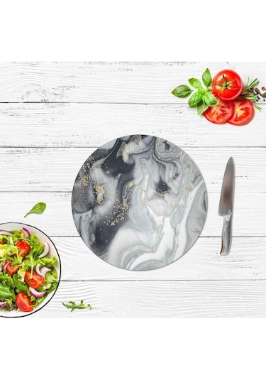 Dekoratif Cam Kesme Tahtası Gri Mermer Çap 32 Cm Cam Kesme Tabl
