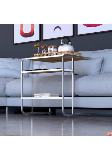 Modilayn C Yan Sehpa Geniş Boy Tekerlekli Çalışma, Atıştırmalık, Yemek, Laptop Sehpası Meşe Beyaz - Meşe