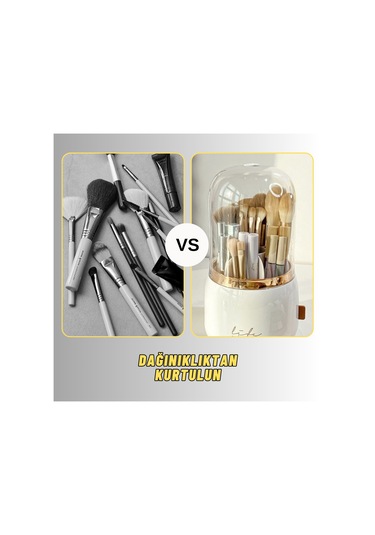 Masaüstü Makyaj Fırçası Ve Kozmetik Düzenleme Kutusu Organizer Bölmeli Dönebilen Bej