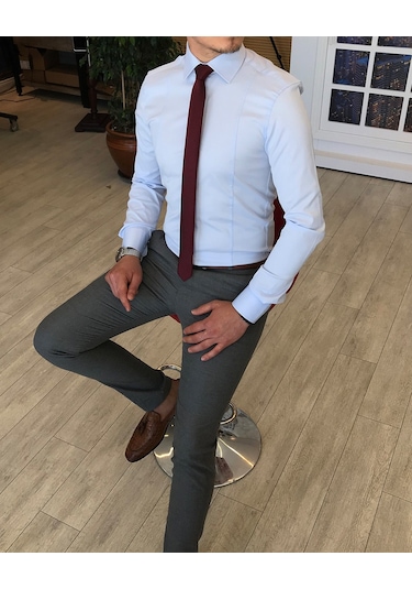 İtalyan Stil Slim Fit Saten Kravat Yaka Gömlek B Mavisi T4773 Buz Mavisi Buz Mavi