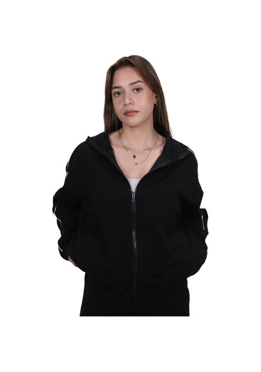 Kadın Modal Kumaş Kontrast Detaylı Rahat Kalıp Siyah Ceket Hırka Lacivert