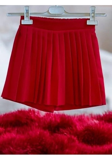 Kız Çocuk Önü Pileli Şort Etek-14904 Kırmızı