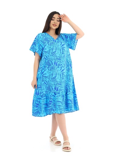 Schık Kadın Viskon Yarım Kol V Yaka Cepli Fırfırlı Elbise Siyah Mavi