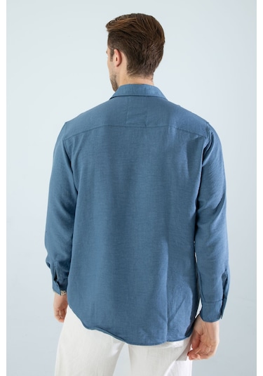 Rahat Kesim Keten Dokulu Gömlek Mavi