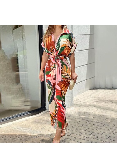 İlkbahar Yaz Kadın Elbise Baskılı Yaka Kısa Kollu Yüksek Bel Uzun Gömlek Elbiseler Pembe