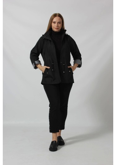 Kısa Astar Detaylı Bondit Trençkot Siyah Siyah