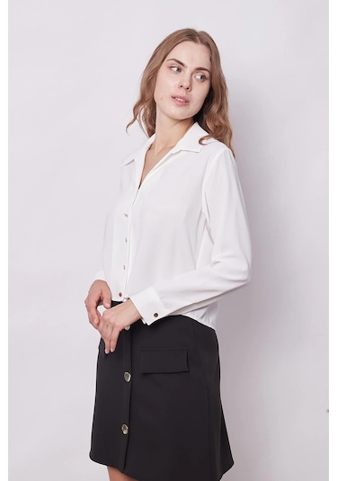Kadın Likrasız Şık Kumaş Yakalı Uzun Kol Kısa Gömlek-krem Krem