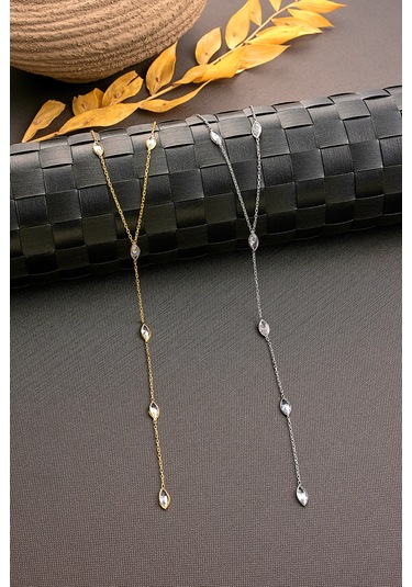 Queen Silver Jewelry 925 Ayar Gümüş Mekik Zirkon Taşlı Zincir Atlamalı Y Kolye Altın