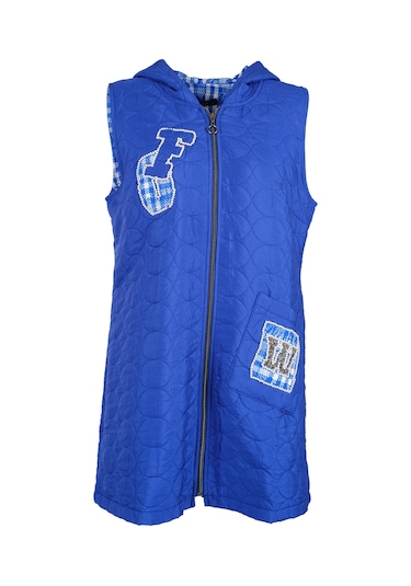 Vedi Midi Kapüşonlu Oversize Yelek - Minimalist Tarz Saks