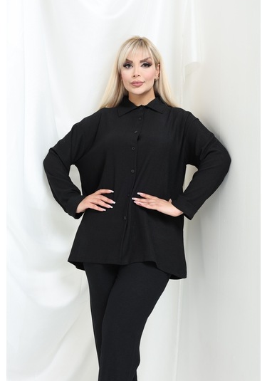 Bürümcük Gömlek Yaka Düğmeli Alt Üst Takım Tesettüre Uygun 2xl 6xl Siyah