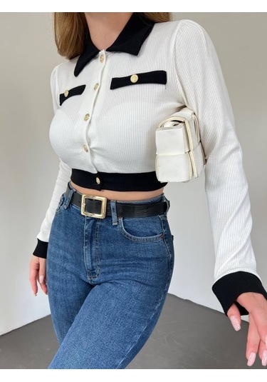 Düğmeli Cep Detaylı Crop Hırka -beyaz Karışık