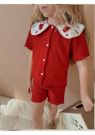 Nakışlı Bebe Yaka Kız Çocuk Takım Kırmızı