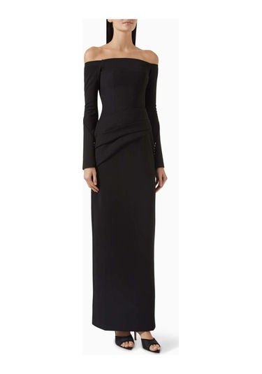 Eegen Studio Louisa Maxi Elbise - Off - Shoulder, Düğmeli Kollar, Şık Drapeli Bel, Zarif Umi Kumaş Siyah