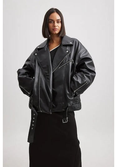 Prifaldi Oversize Uzun Kadın Deri Ceket Siyah