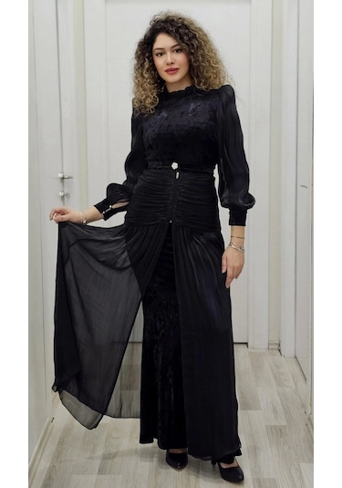 Çiçek Detaylı Çıkarılabilir Etekli Kadife Abiye 2752-siyah Siyah
