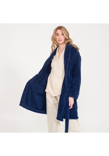 Kadın Welsoft Şal Yaka Polar Sabahlık Lacivert
