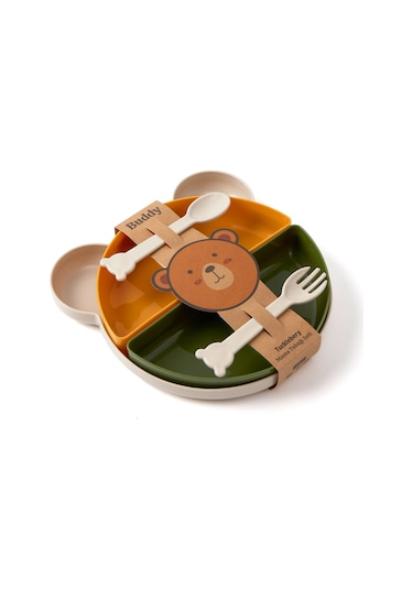 Tucklebery Buddy Ayıcık Mama Tabağı Seti – Yeşil, Sarı, Bej | Çatal-Kaşık + 5 Bölmeli, Eğlenceli & BPA İçermez, Güvenli Mama Tabağ