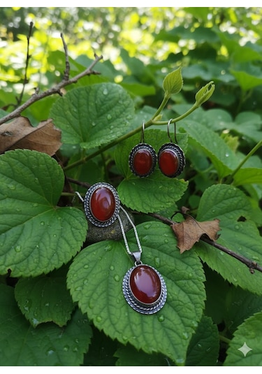Akik Taşlı Gümüş Set Bronz
