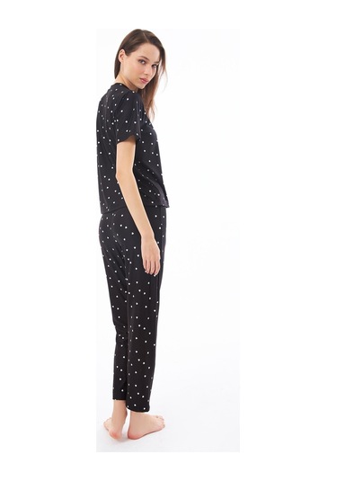 Premium Kadın Pijama Takımı Siyah Kalp Desenli Yumuşak Dokulu Kısa Kollu Bisiklet Yaka Siyah