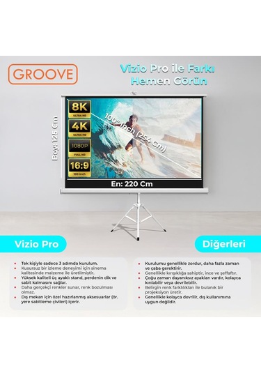 Groove Vizio Pro 100 Inch 220x125cm Blackout Işık Geçirmez Tripod Ayaklı Projeksiyon Perdesi