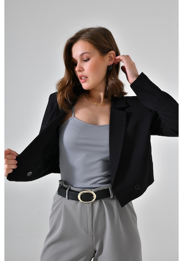 Siyah Kruvaze Crop Blazer Ceket Siyah