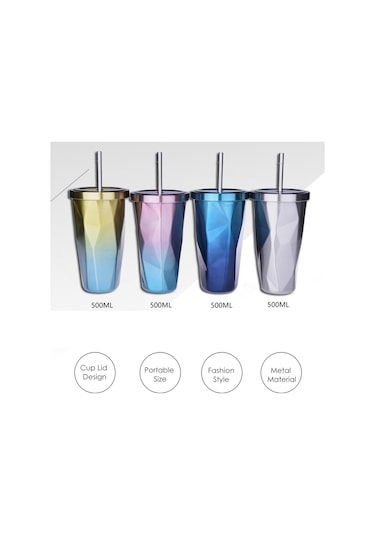 Honmex Stahl Çift Katlı Isı Saklama Bardak, Damla Desenli, Pipetli, 500ml, Renk Seçenekli Mor