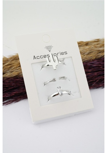 Kadın Özel Tasarım Ayarlanabilir Numarasız Zirkon Taşlı Kaktüs Figürlü 3'lü Kombin Yüzük Seti-3135 Gümüş