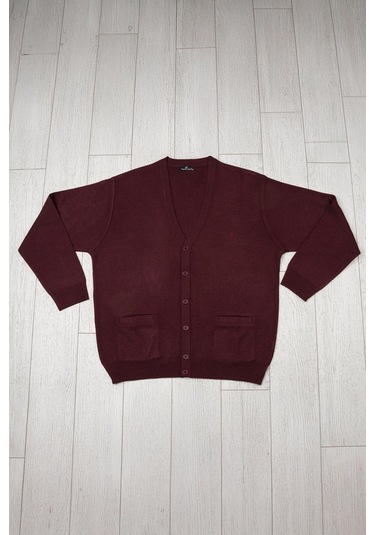 Ön Cepli V Yaka Battal Büyük Boy Düğmeli Yünlü Triko Hırka Bordo
