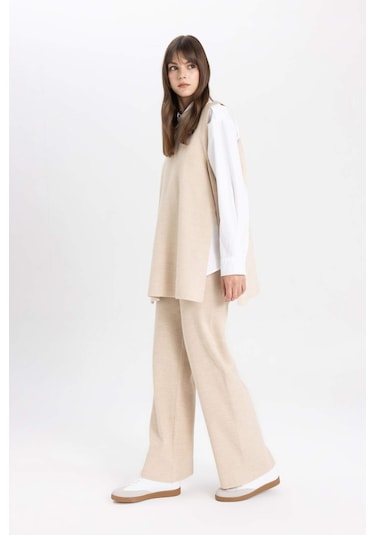 Defacto Triko Pantolon Straight Fit Geniş Bol Paça C2088AX24SPBG662 Bej