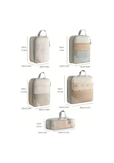 Fochsia 5 Parça Seyahat Sıkıştırma Saklama Torbası Bej Renkli Dayanıklı Valiz Düzenleyici Seti Koyu Gri