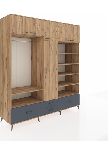 Kronos Dolap 18 Raflı 4 Çekmeceli Tek Askılı 220x59x243 Çam-çam/antrasit Atlas Çam/antrasıt