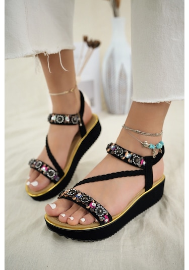 Khayt Claire Anatomik Fashion Taşlı Günlük Kadın Sandalet Siyah