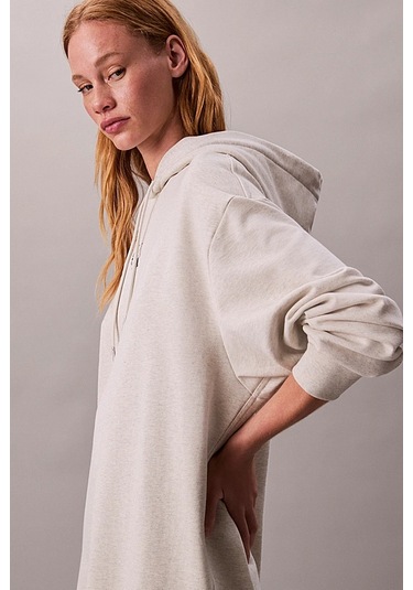 Kadın Rahat Kalıp Kapüşonlu Sweatshirt Elbise - Bej Melanj Vanilla Heather