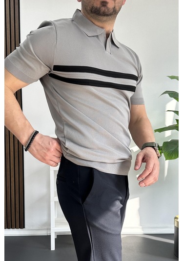 Erkek Açık Yaka Çizgli Tişört Gri Edw236 Gri