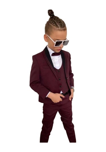 Riccotarz Erkek Çocuk Yakası Şerit Detaylı Cepken Yelekli Blazer Ceketli Bordo Takım Elbise Bordo