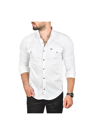 Deepsea Erkek Beyaz Slim Fit Pamuklu Cepli Kot Gömlek Çıtçıtlı Uzun Kollu Spor Gömlek 2502503 Beyaz