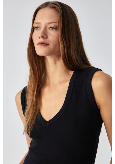 GRIMELANGE Lescosa Kadın Slim V Yaka Kolsuz Siyah T-shirt Siyah