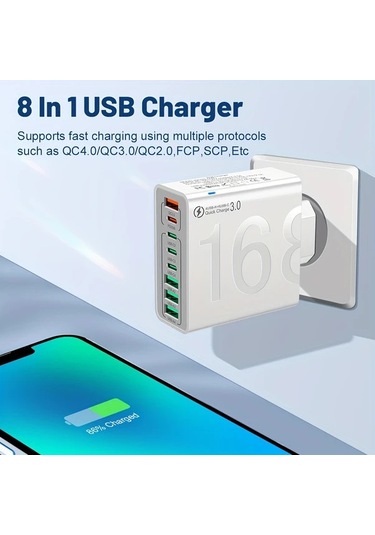Xuweiwei Kaxoe 8in 1 Hızlı Şarj Siyah Usb Adaptör 4 Usb 4 Type C Telefon Şarj Aleti Qc 3 0 İphone Uyumlu Samsung İçin Siyah