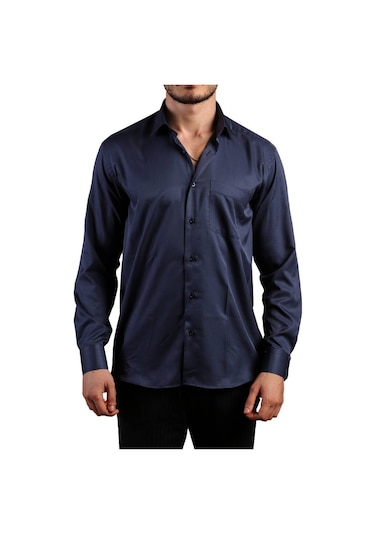 Lacivert Büyük Beden Rahat Kesim Micro Kumaş Kol Düğmeli Regular Fit Erkek Gömlek - 190-12 001