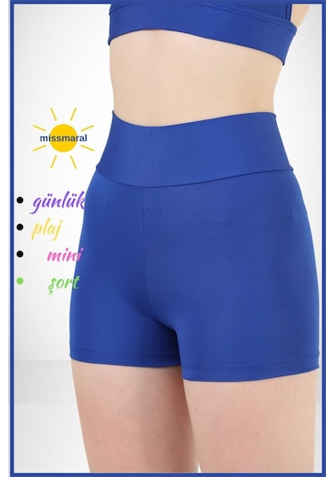 Kadın Mavi Yüksek Bel Toparlayıcı İç Göstermeyen Boxer Şort Deniz, Havuz & Günlük Kullanım İçin Saks Mavi