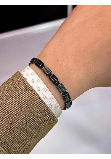 Nursaat 3'lü Siyah-Yeşil-Lacivert Düz Hematit Taş İpli Makrome Örgülü Kombin Taş Bileklik Çok Renkli