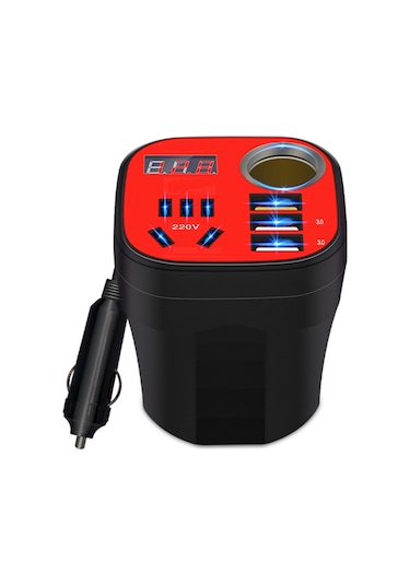 Skycity Araç Invertörü 12v/24v'den 220v'ye Dönüştürücü, Led Ekranlı, Qc3.0 Hızlı Şarj, Süper Şarj, Çok Fonksiyonlu Usb Soketi, Siyah 200w