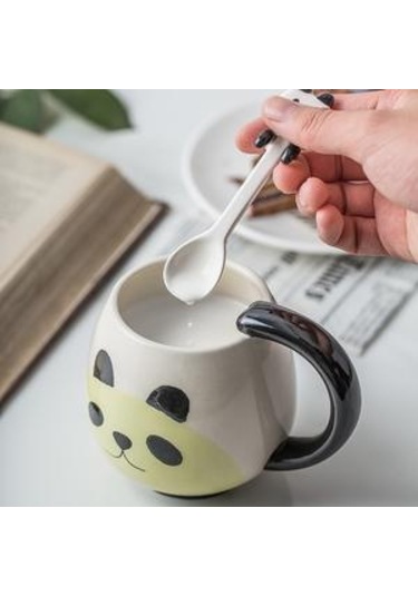 El Boyalı Kahve Fincanı Güzel Panda Seramik Kupa Çay Fincanı Inda Çay Kaşığı Kupalar Siyah A