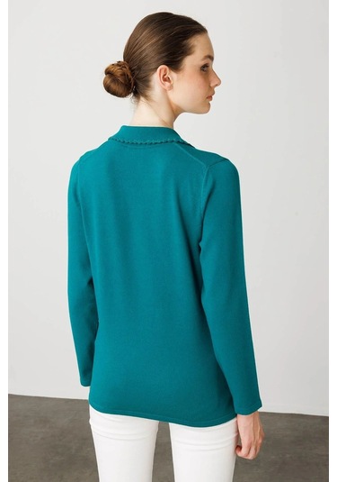 Desen Triko Polo Yaka Likralı Kadın Bluz 25091 Yeşil