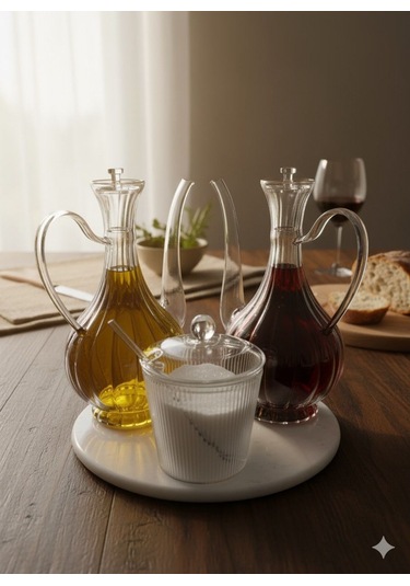 Morponi Cam Yağlık Ve Tuzluk Seti Mermer Altlıklı Şık Sunum 3'lü Set Glorry Çizgili Tasarım Şeffaf