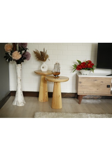 Ikili Ahşap Naturel Konik Yan Sehpa