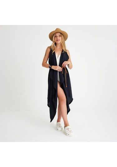 Pamuklu Dokuma Kemerli Püsküllü Plaj Elbisesi - Standart Siyah
