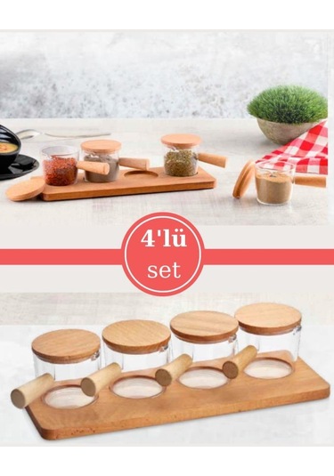 Flosoft Doğal Ahşap Stantlı Ahşap Kapaklı 4 Lü Mika Sosluk, Baharat Reçel Sos Sunum Seti