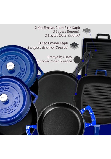 Lava Döküm 6x Trendy Serisi 8 Parça Tencere & Tava Seti Mavi