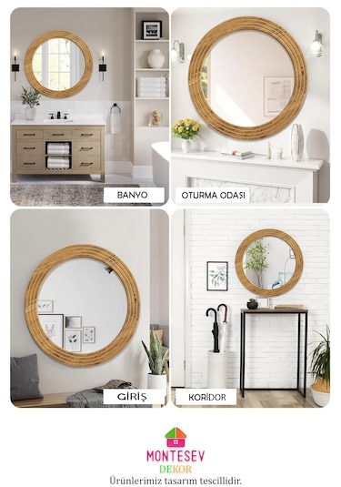 Antik Ahşap Dekoratif Ayna Yuvarlak Banyo Duvar Aynası 56 Cm Naturel